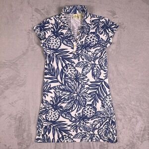 Caribbean Joe Womens M Blue White Pineapple Tropical Cotton Polo Dress Tennis
